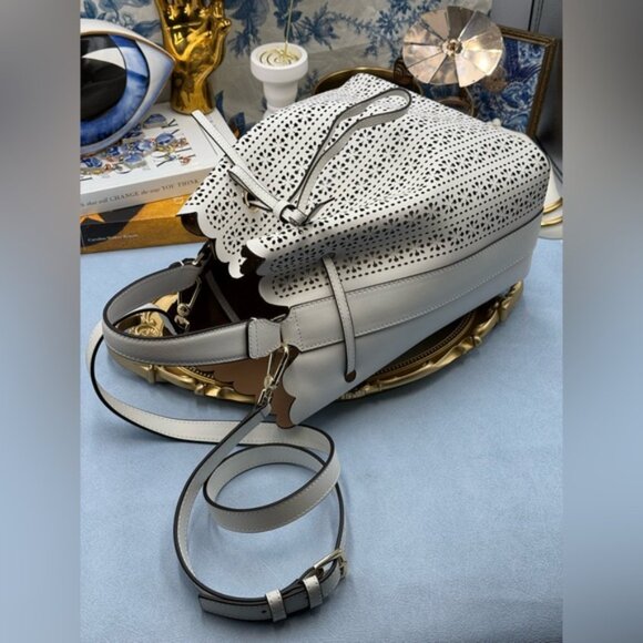 🆕 FURLA 🧿 NWOT Constanza Laser Cut Leather Drawstring Bucket Bag, Chalk - Picture 9 of 16